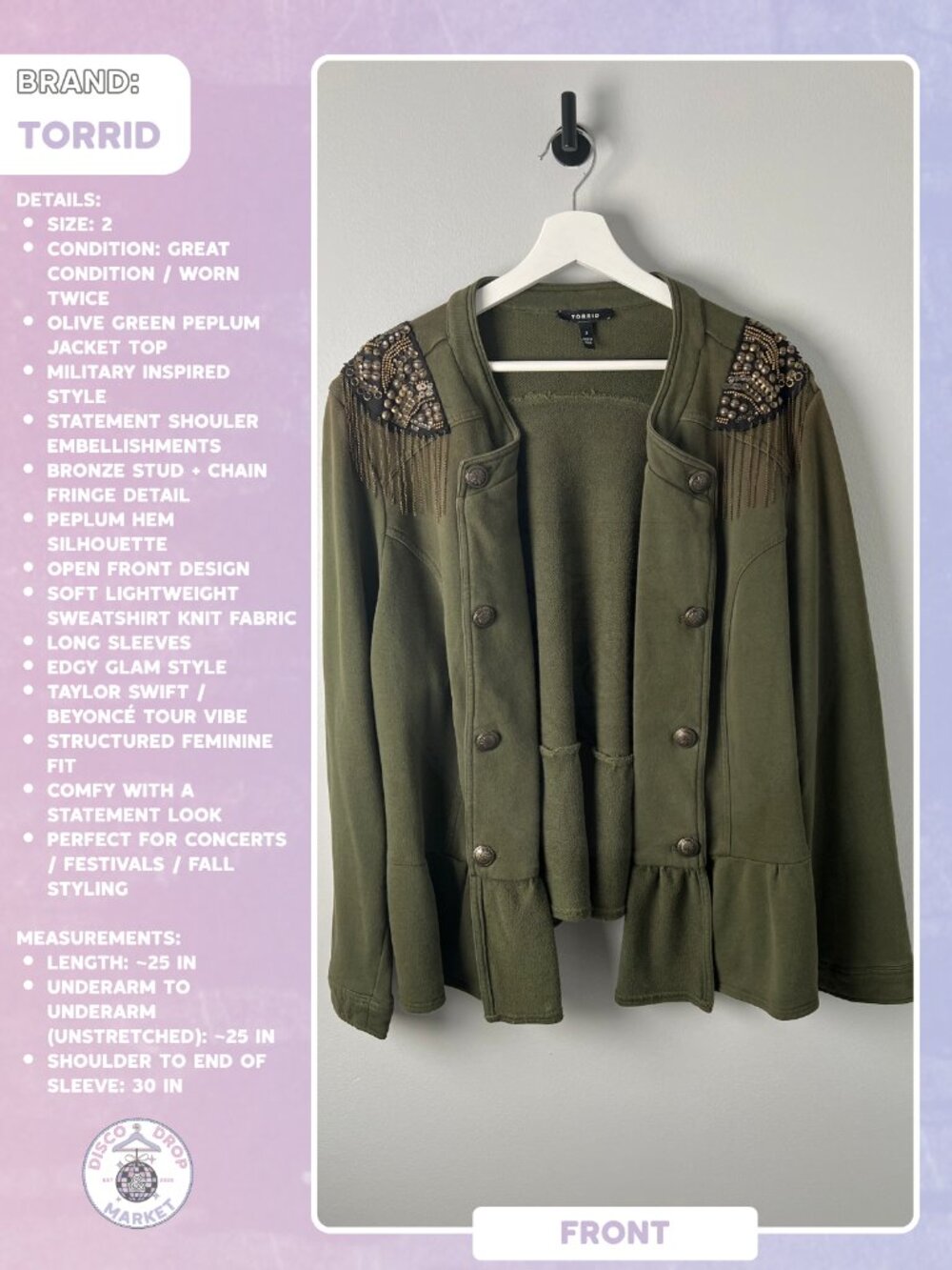Torrid Olive Green Embellished Peplum Jacket Top, Good Condition